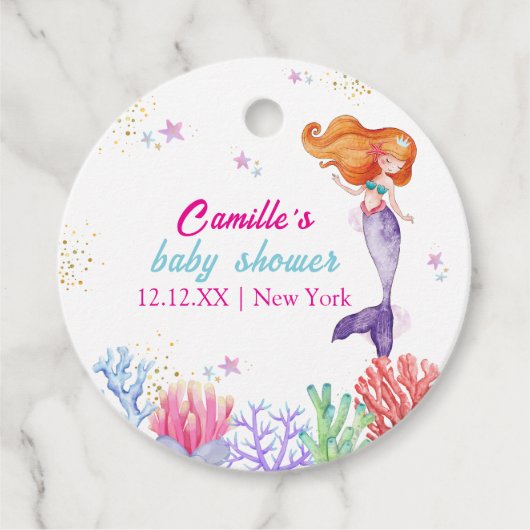 海のエレガント下で人魚の珊瑚の赤ちゃんシャワー フェイバータグ (正面)