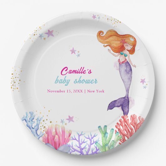 海のエレガント下で人魚の珊瑚の赤ちゃんシャワー ペーパープレート (正面)