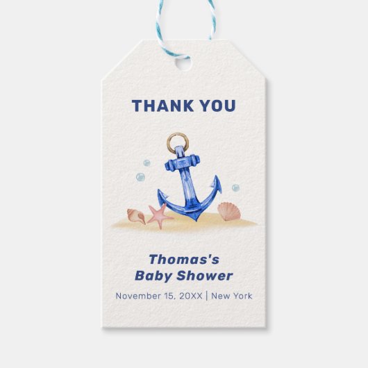 海のエレガント下で航海のいかり男の子のシャワー ギフトタグ (正面)