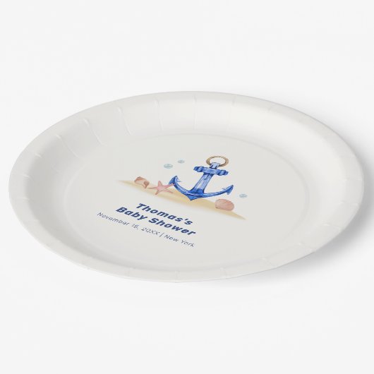 海のエレガント下で航海のいかり男の子のシャワー ペーパープレート (アングル)