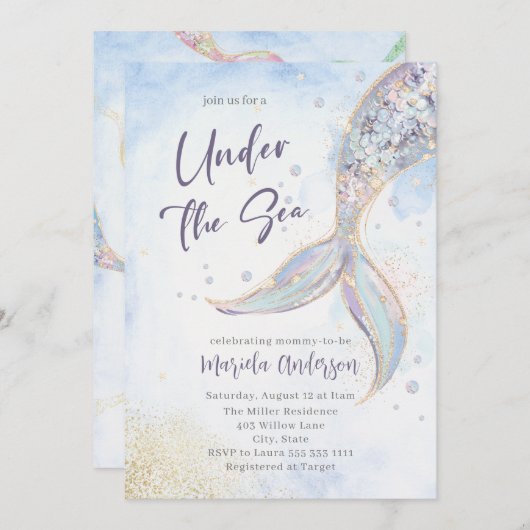 海のエレガント下の水彩人魚の尾ベビー 招待状 (正面/裏面)
