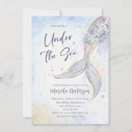 海のエレガント下の水彩人魚の尾ベビー 招待状