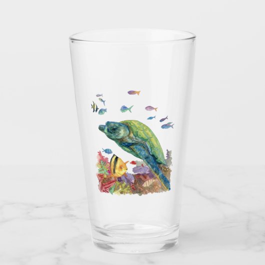 海のカメと魚たち  タンブラーグラス (正面)