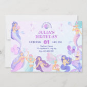 海のカラフル誕生日パーティーの下の人魚 招待状 (正面)