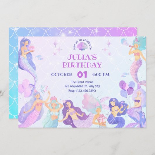 海のカラフル誕生日パーティーの下の人魚 招待状 (正面/裏面)