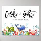 海のカードとギフトの下の水色誕生日 ポスター (正面)