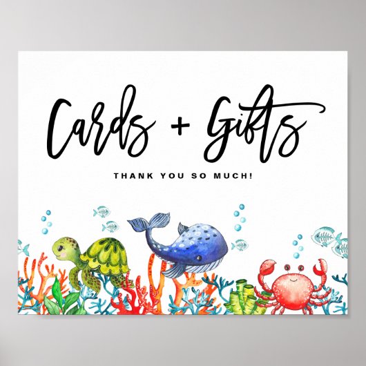 海のカードとギフトの下の水色誕生日 ポスター (正面)