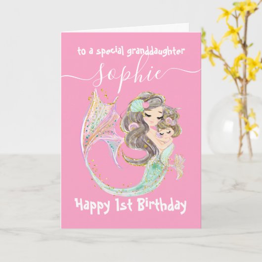 海のカードの下のマーメイドピンク誕生日 カード (黄色い花)