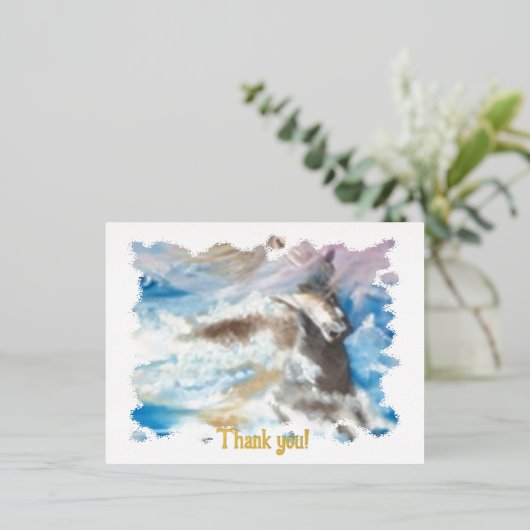 海のカードの真ん中に馬ありがとう 箔シーズンポストカード (立ち正面)