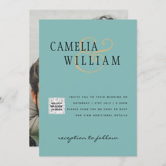 海のガラス写真の結婚式QRコード日付を招救入 招待状 (正面/裏面)