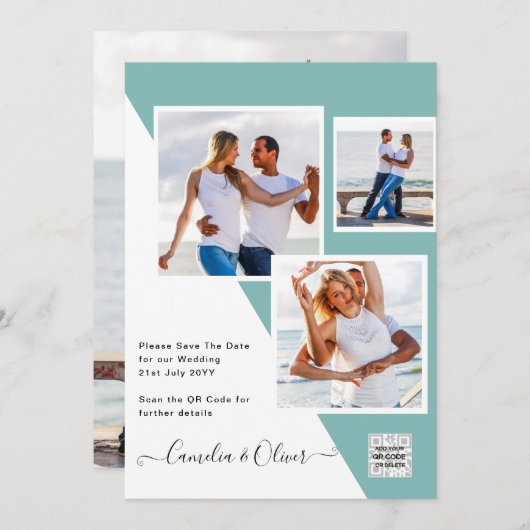 海のガラス写真の結婚式QRコード日付を招救入 招待状 (正面/裏面)