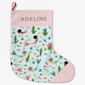 海のガーリー下でピンクの魔法の人魚の子供 ラージクリスマスストッキング (正面)