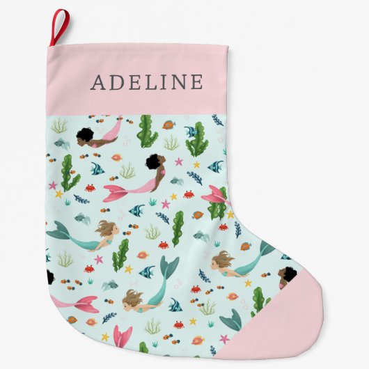 海のガーリー下でピンクの魔法の人魚の子供 ラージクリスマスストッキング (正面)