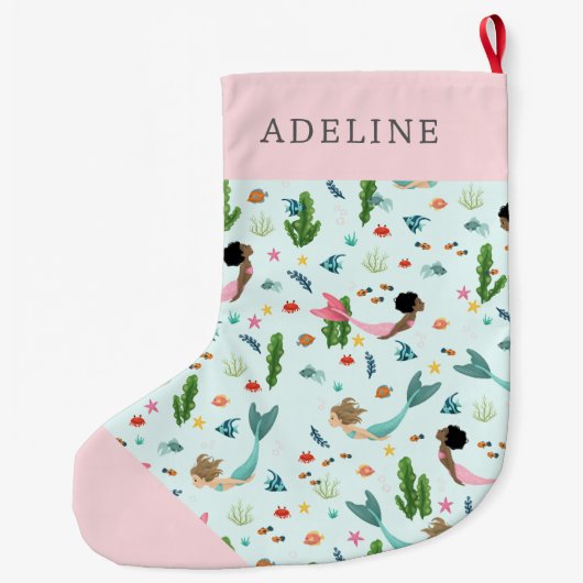 海のガーリー下でピンクの魔法の人魚の子供 ラージクリスマスストッキング (裏面)