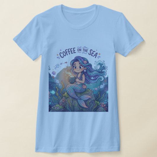 海のキュートなキャラクターとコーヒーの仲間たち Tシャツ (レイダウン)