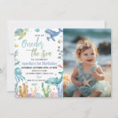 海のキュートな海洋動物の誕生日写真 招待状 (正面)
