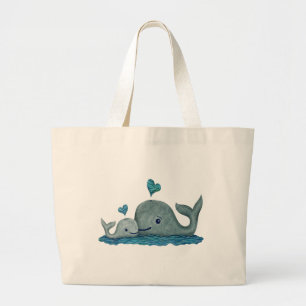 海のクジラのお母さんおよびベビーの水泳 ラージトートバッグ
