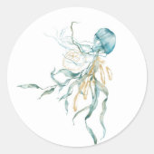 海のクラゲのシールの下の水色 ラウンドシール (正面)