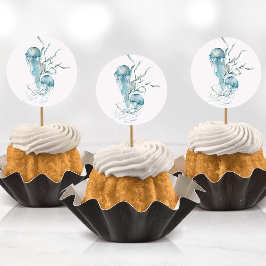 海のクラゲのシールの下の水色 ラウンドシール