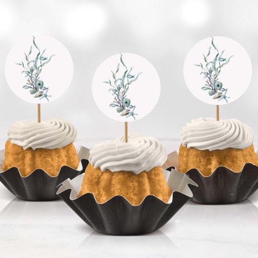 海のクラゲのシールの下の水色 ラウンドシール