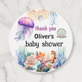 海のクラゲのベビーシャワーの下のああ男の子 フェイバータグ