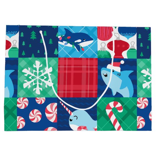 海のクリスマスのパッチワークの下の子供たち ラージペーパーバッグ (裏面)