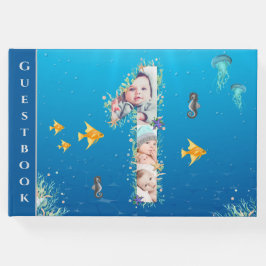 海のコラージュ写真の下の大きな1歳の誕生日 ゲストブック