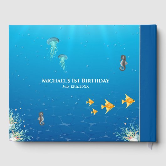 海のコラージュ写真の下の大きな1歳の誕生日 ゲストブック (裏面)