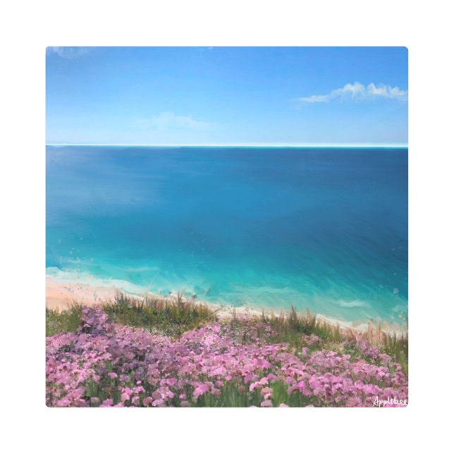 海のコルニッシュの崖のビューのピンク メタルプリント (正面)