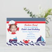 海のサイリングボート ネイビーストライプ フォト招待状 招待状 (スタンド正面)