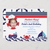 海のサイリングボート ネイビーストライプ フォト招待状 招待状 (正面/裏面)