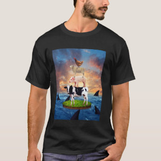 海のサメにいる牛 豚 羊 ニワトリ 動物パロディ Tシャツ