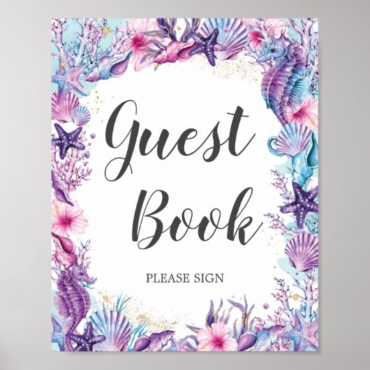 海のサンゴの貝殻の下に紫のピンクのゲストブック ポスター (正面)