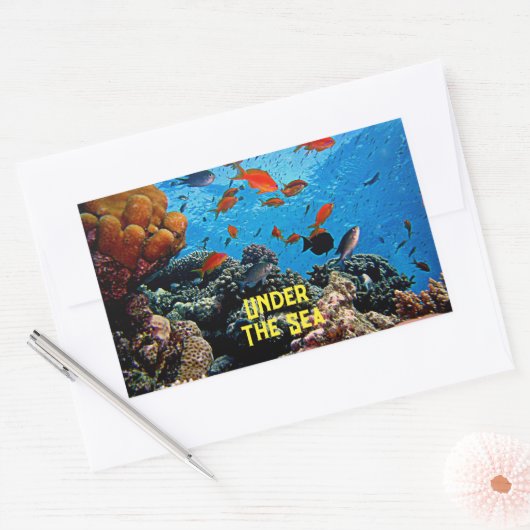 海のサンゴの魚の海洋生物の青い水の下で 長方形シール (封筒)
