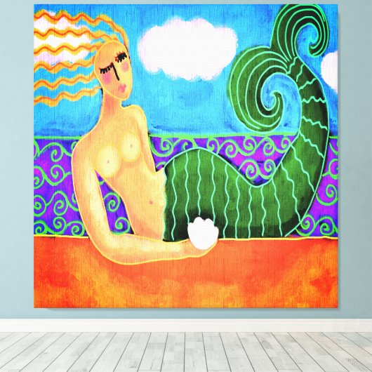 海のシェルとマーメイド抽象芸術デジタルペイント キャンバスプリント (インサイチュ (ウッドフロア))