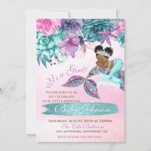 海のシャワーの下のエスニックヴィンテージ人魚ベビー 招待状 (正面)