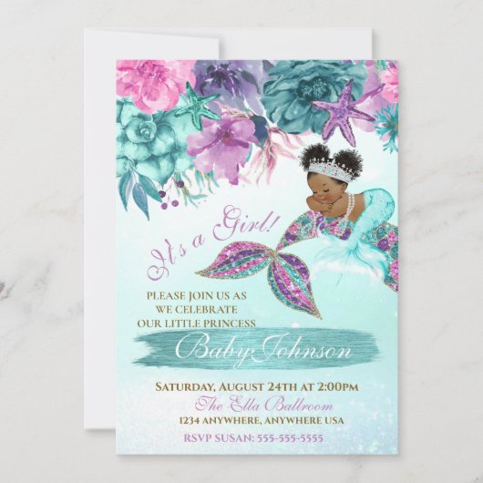 海のシャワーの下のエスニックヴィンテージ人魚ベビー 招待状 (正面)