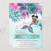 海のシャワーの下のエスニックヴィンテージ人魚ベビー 招待状 (正面/裏面)