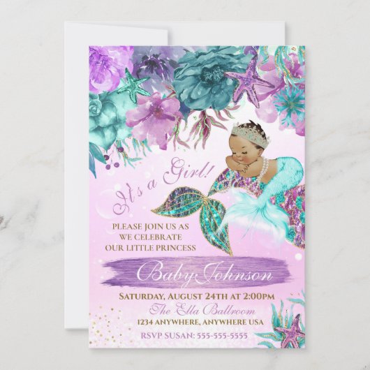 海のシャワーの下のエスニックヴィンテージ人魚ベビー 招待状 (正面)