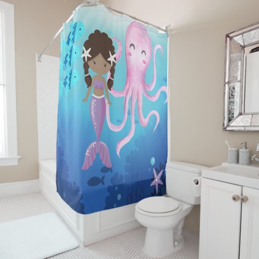 海のシャワーカーテンの下の子供たち茶色の人魚 シャワーカーテン (インサイチュ)