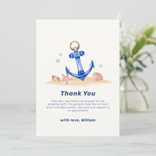 海のシンプル下のいかり男の子の航海のシャワー サンキューカード (スタンド正面)
