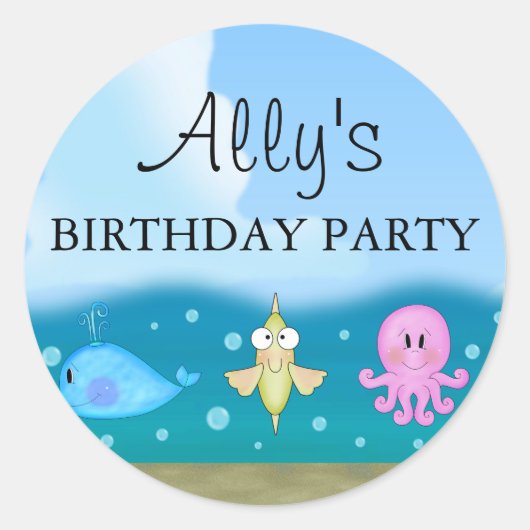 海のステッカーの下の青 ラウンドシール (正面)
