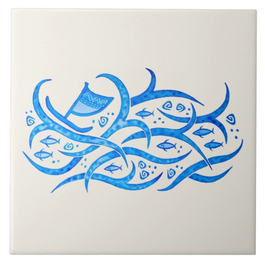 海のセラミックタイルのハワイの岩石彫刻のカヌー タイル (正面)