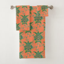 海のタオルセットの下のサンゴのウミガメ