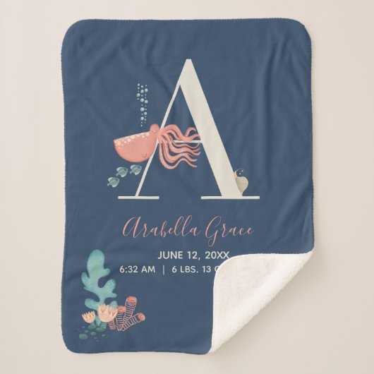 海のタコのアルファベット文字の下にベビー統計 シェルパブランケット (正面)