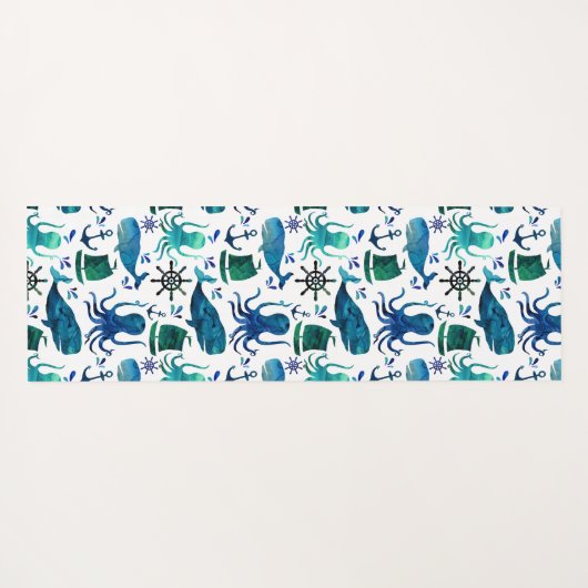 海のタコの子どもたちの下の青い水彩 ヨガマット (裏面(横))