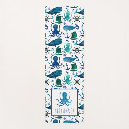 海のタコの子どもたちの下の青い水彩 ヨガマット (正面)