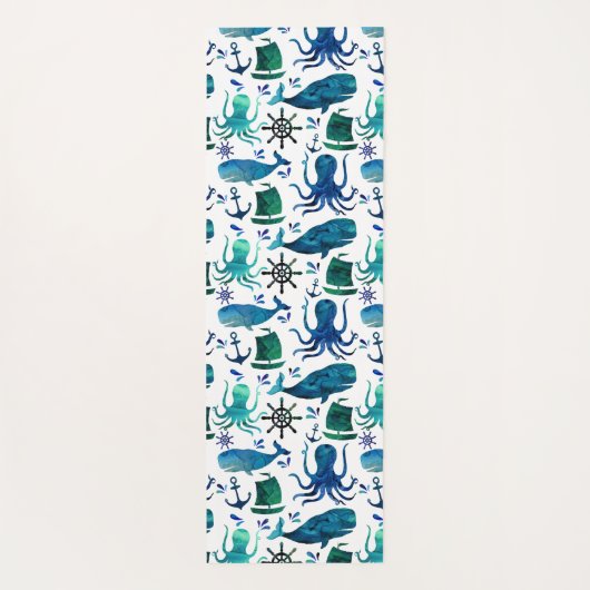 海のタコの子どもたちの下の青い水彩 ヨガマット (裏面)
