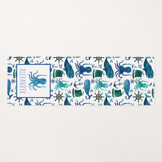 海のタコの子どもたちの下の青い水彩 ヨガマット (正面(横))