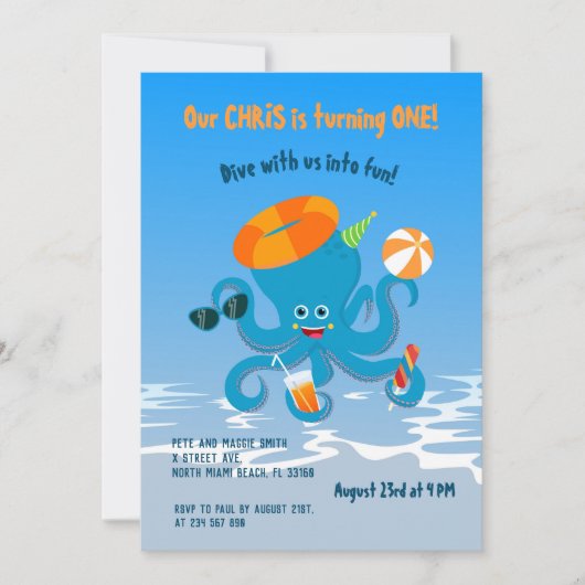 海のタコの男の子の下の最初のパーティー 招待状 (正面)